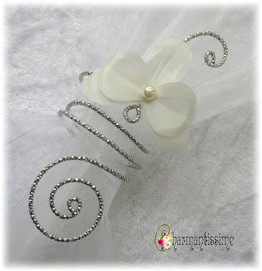 attache étole fleur orchidée ivoire sur fil alu argent