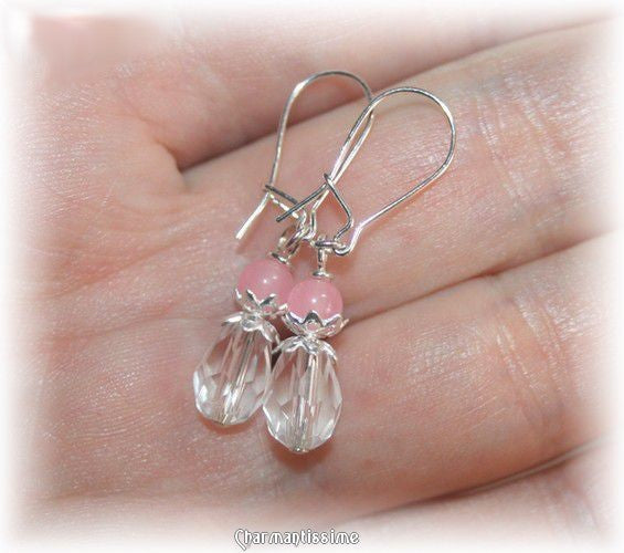 Boucles d'oreille Argent massif Gouttes cristal boheme et Perles calcédoine rose pour enfant fillette