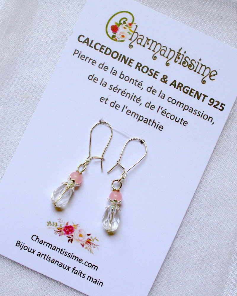 boucles d'oreilles en argent 925 et calcédoine rose en cadeau original pour enfant