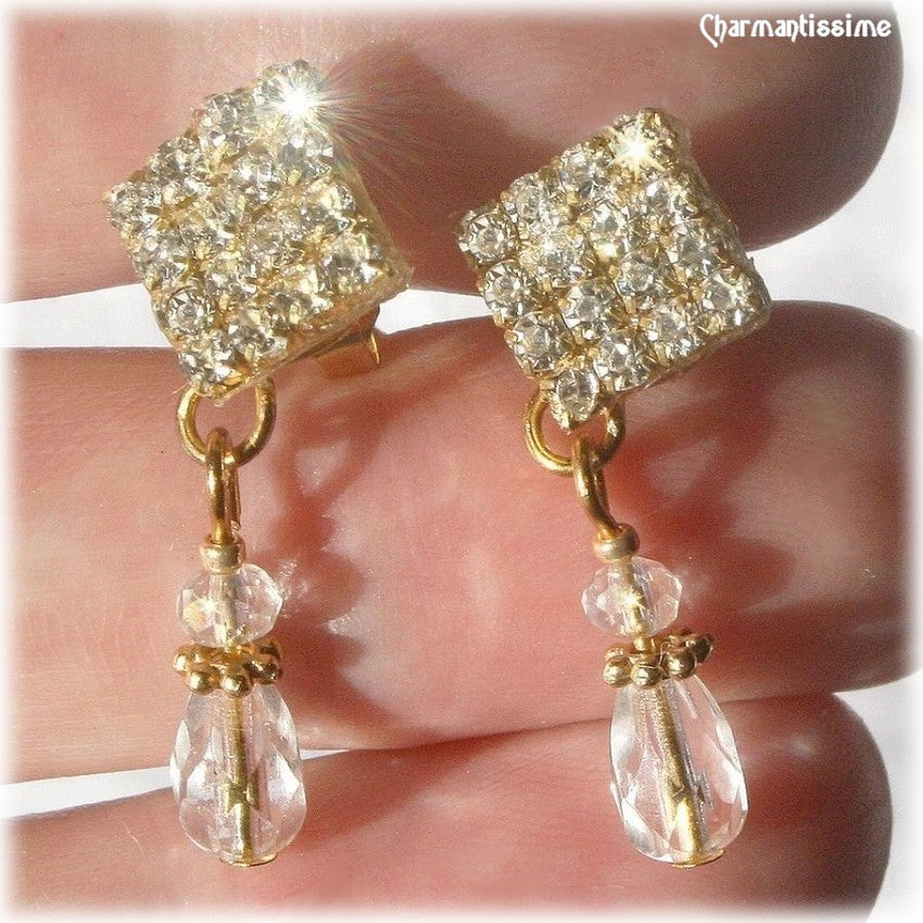 boucles d'oreilles mariage gouttes cristal et strass doré or