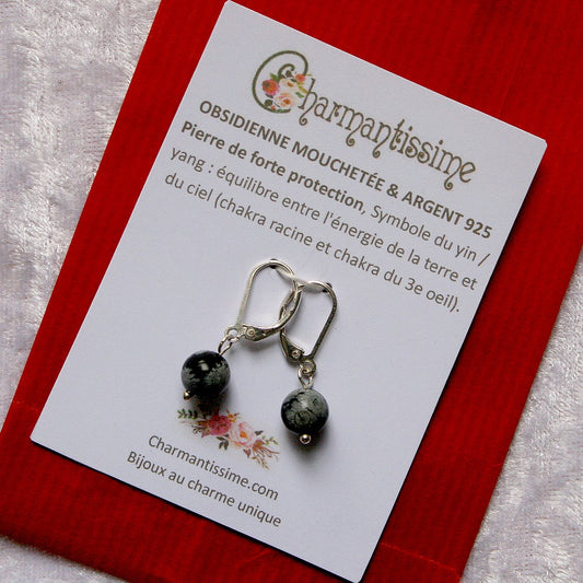 Cadeau bijoux boucles d'oreilles Obsidienne mouchetée flocons de neige Dormeuses argent 925