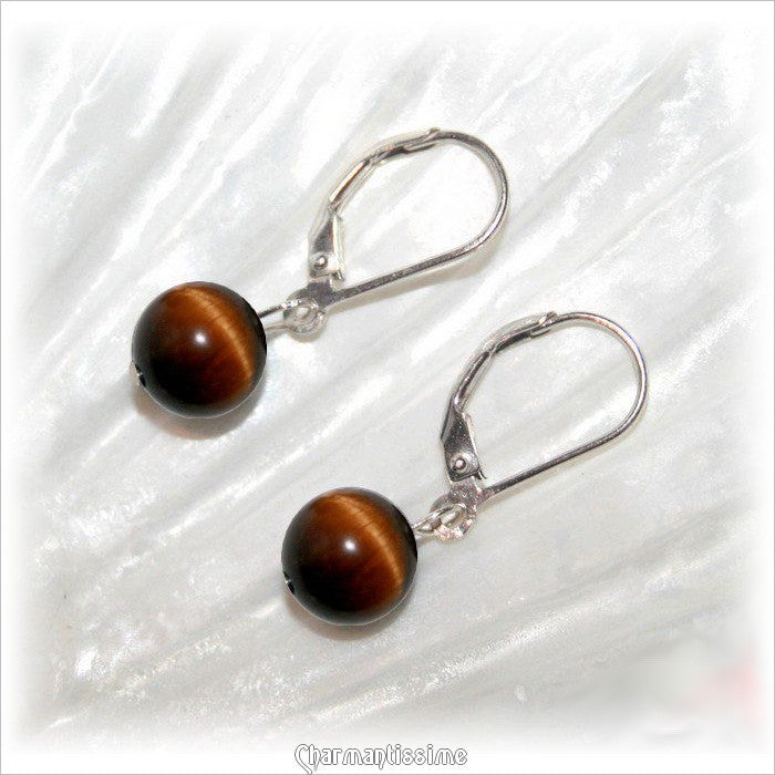 boucles d'oreilles argent 925 Perle oeil de tigre