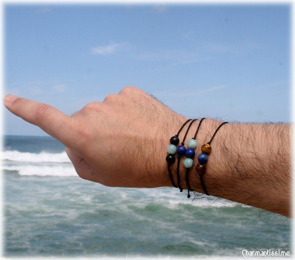 Bracelet homme tendance minimaliste pierres tourmaline noire amazonite turquoise - mer plage
