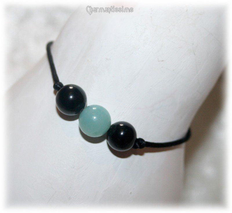 Bracelet perles naturelles véritables Amazonite tourmaline noire - Bijou noir et bleu