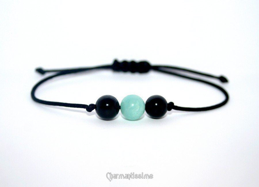 Bracelet pierres naturelles véritables noir bleu - Amazonite tourmaline noire Créativité Protection