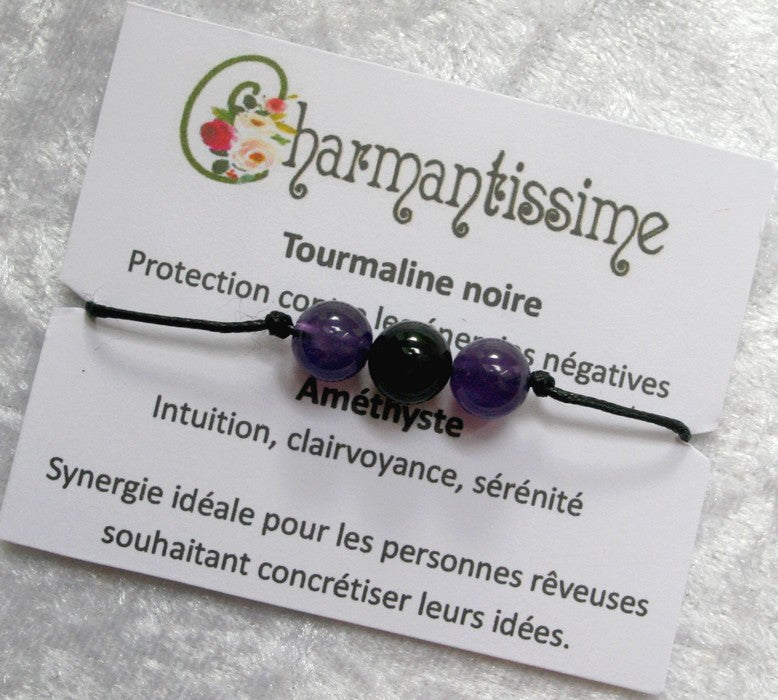 Cadeau original pas cher : Bracelet lithothérapie tourmaline noire et améthyste sur cordon noir