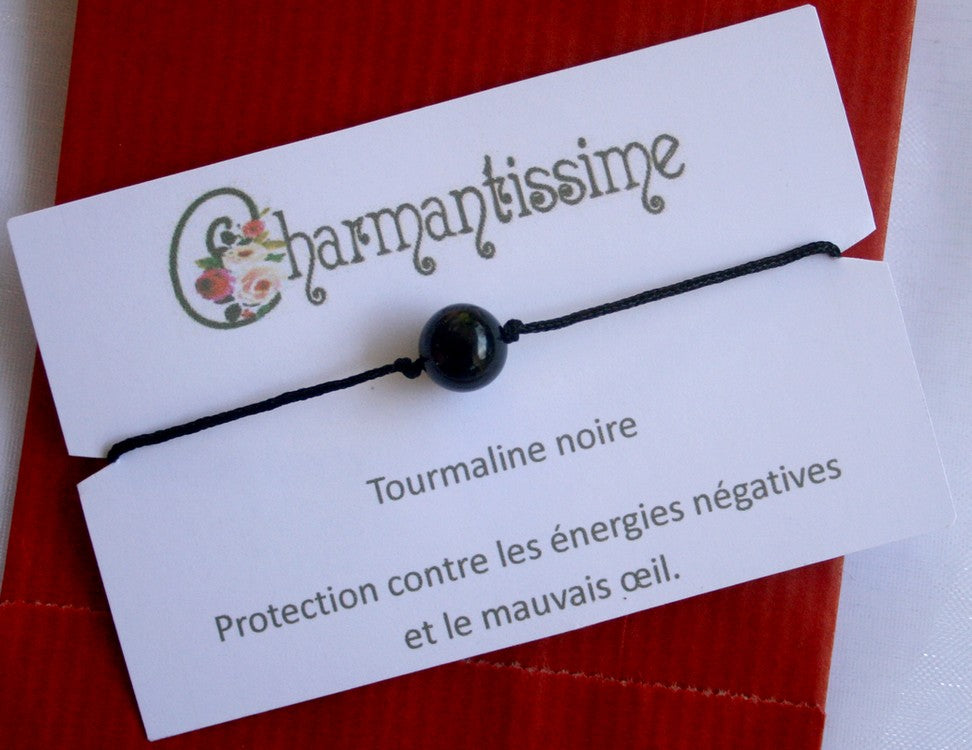 Bracelet minimaliste tourmaline noire cordon ajustable homme femme