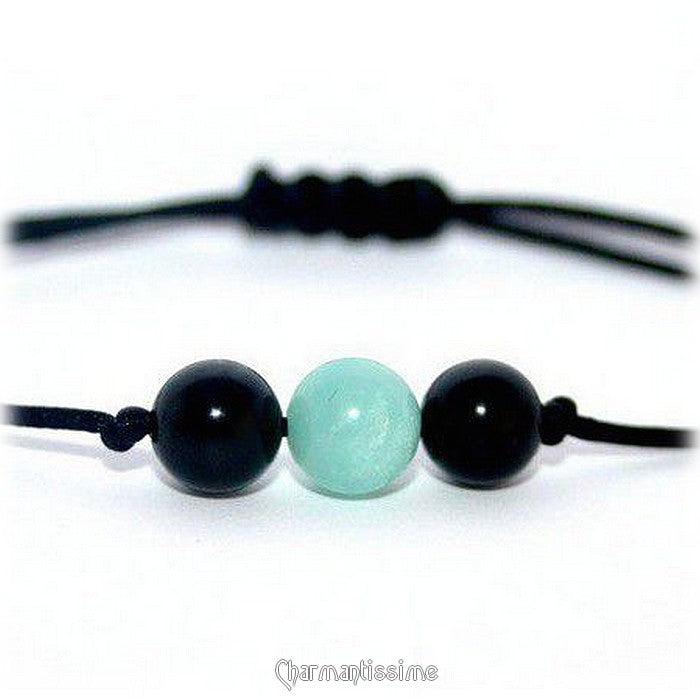 Bracelet homme femme avec pierres noires et bleu turquoise : Tourmaline et amazonite sur cordon fin