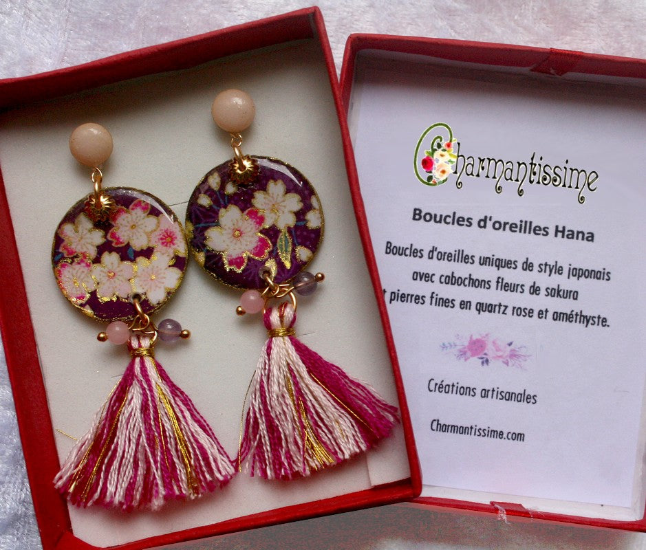 Boucles d'oreilles femme Cabochon sakura du Japon en cadeau de bijou original et beau