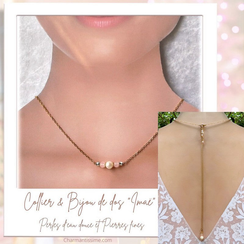 Collier et bijou de dos tendance bohème-chic pas cher en perles d'eau douce et pierres semi-précieuses "Imae" sur mesure sur chaine acier inoxydable plaqué or avec pierres roses, blanches, bleues ou violettes au choix