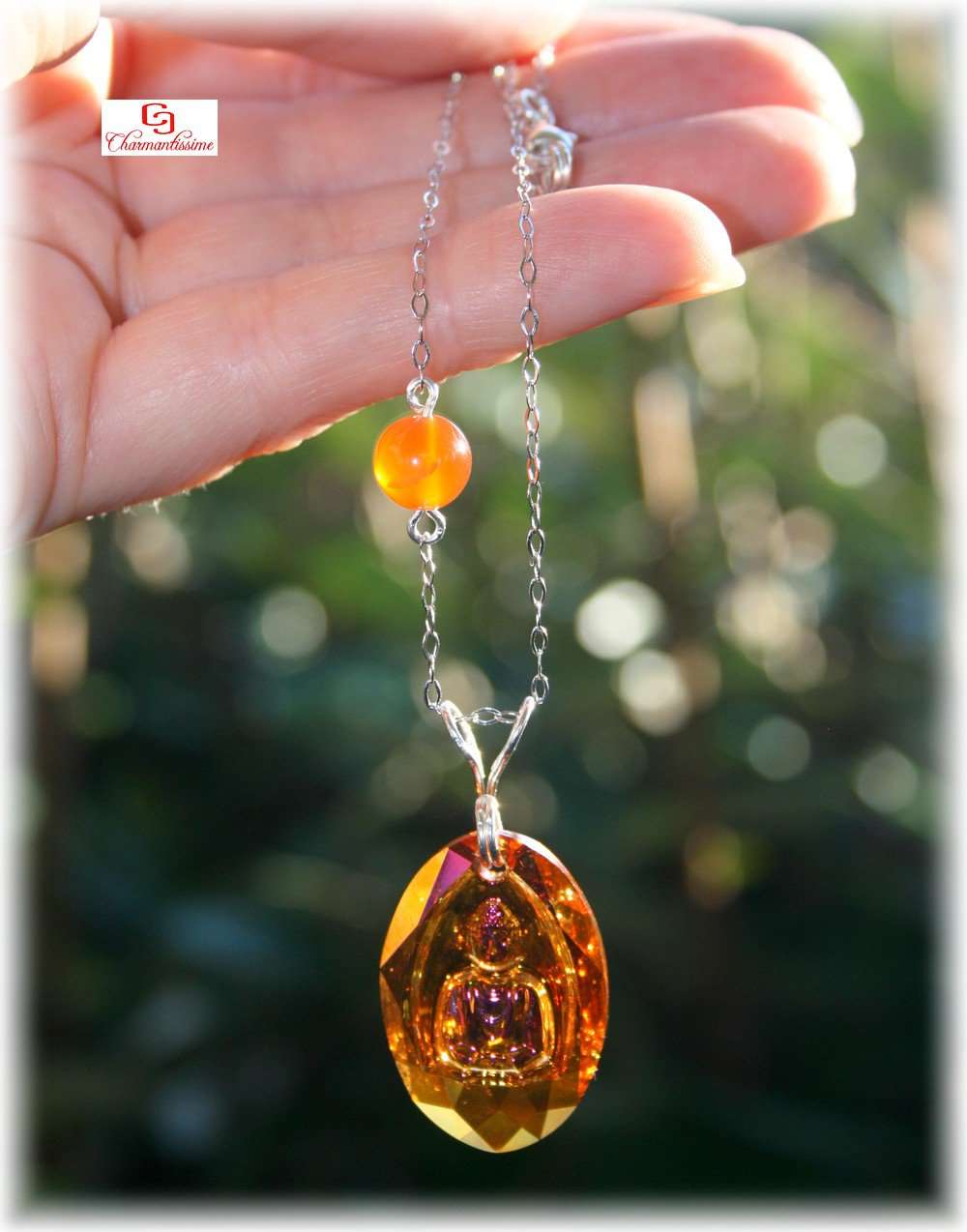 Collier bouddha en argent et cristal swarovski orange