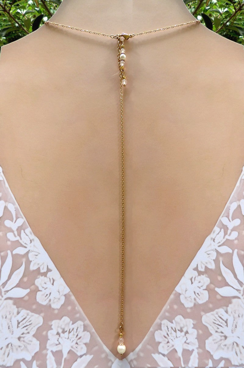 Collier de dos de mariée Plaqué or Perles d'eau douce et pierres fines de calcédoine rose "Imae" de style bohème chic