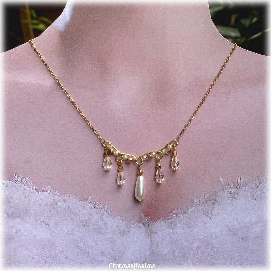 parure collier chaine fine et perles gouttes de cristal pour mariée bohème chic