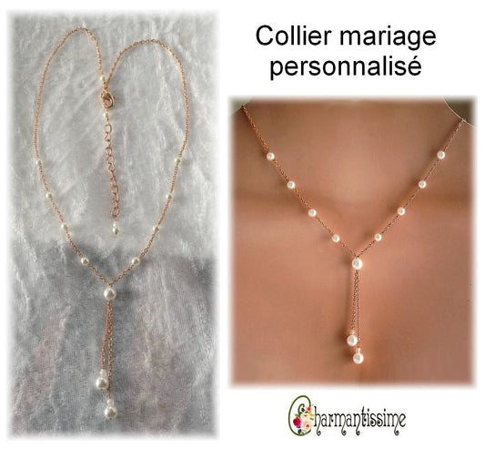 Collier de mariée en acier or rose gold et perles blanches nacrées, personnalisé sur mesure