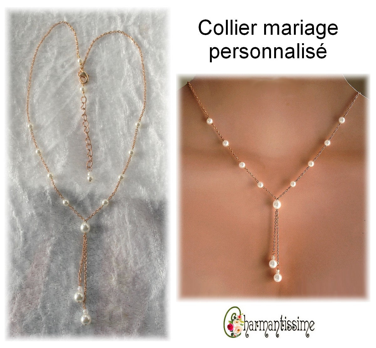 Collier de mariée en acier or rose gold et perles blanches nacrées, personnalisé sur mesure