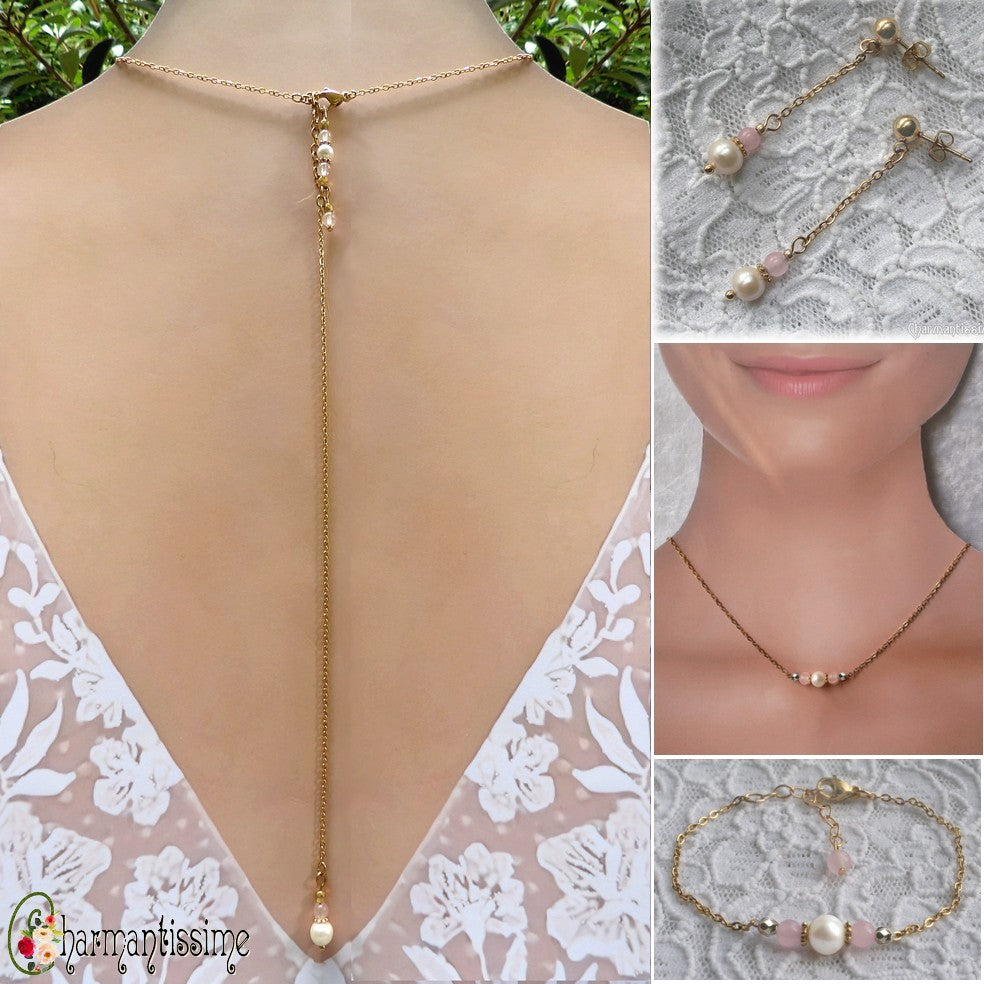 Parure de mariée Plaqué or Perles d'eau douce et pierres fines de calcédoine rose "Imae" : parure composée d'un collier de dos + bracelet + boucles d'oreilles de style bohème chic