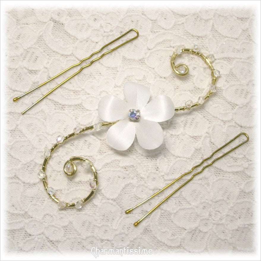 Bijou de cheveux mariée fleur blanche, strass, doré or