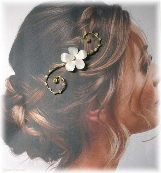Bijou de cheveux mariage fleur blanche, strass, doré or