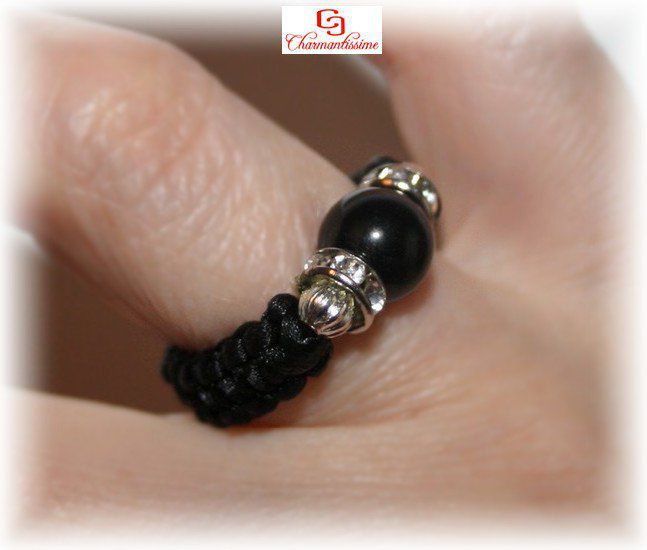 Bague perle tourmaline noire strass argent