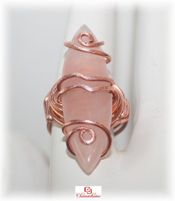 Bague Quartz rose ethnique chic en cuivre naturel