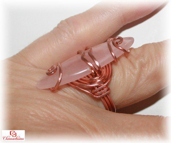 Bague tribale ethnique originale unique cuivre pierre quartz rose d'amour