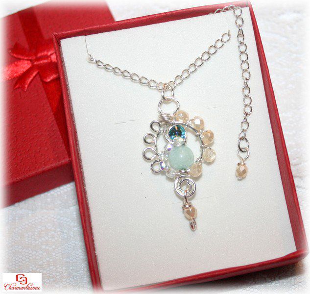 Bijou cadeau Pendentif pierre bleu turquoise elfique celtique sur chaine argent 925