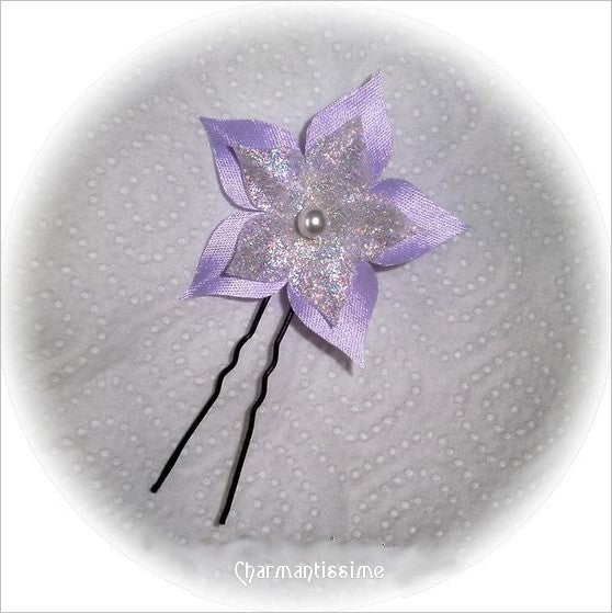 Bijou de cheveux fleur satin mauve parme et blanc