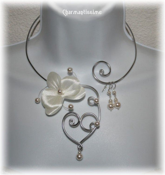 parure collier mariage fleur orchidée ivoire en satin et coeur de notre mariée boheme Justine
