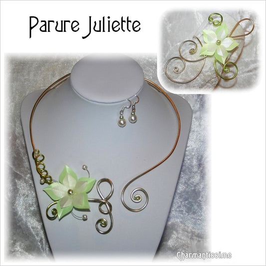 parure de mariage champêtre romantique avec fleurs vertes et ivoires en satin de soie sur clé de sol en métal couleur doré or et vert