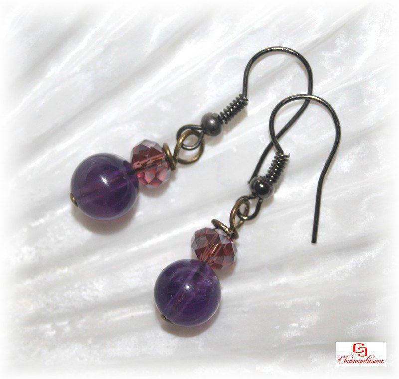 Boucles d'oreilles pas cher améthyste violet et perles cristal prune Intuition clairvoyance