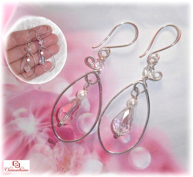 boucles pendants d'oreilles créoles goutte ovale plaqué-argent et perles goutte cristal de Bohême