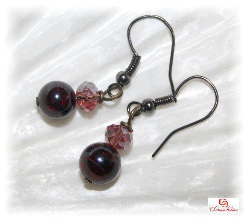 Boucles d'oreilles Grenat bordeaux et perles cristal Force - laiton bronze - pas cher