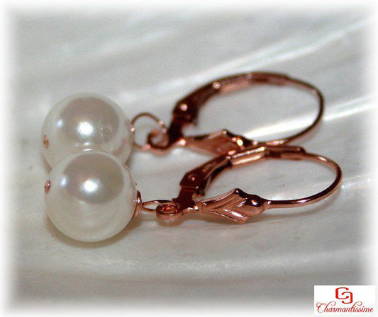 Boucles d'oreilles mariage perle nacre ivoire swarovski et gold filled rose (plaqué-or doré rose gold) pas cher