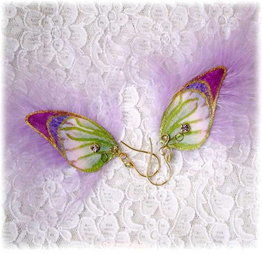 Boucles d'oreilles papillon satin, strass, plumes, violet, vert, doré, mauve