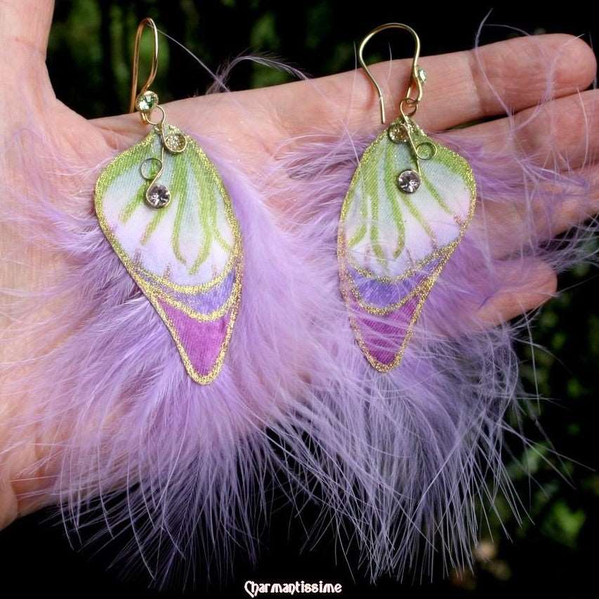 Boucles d'oreilles papillon satin, strass, plumes, violet, vert, doré, mauve, originales