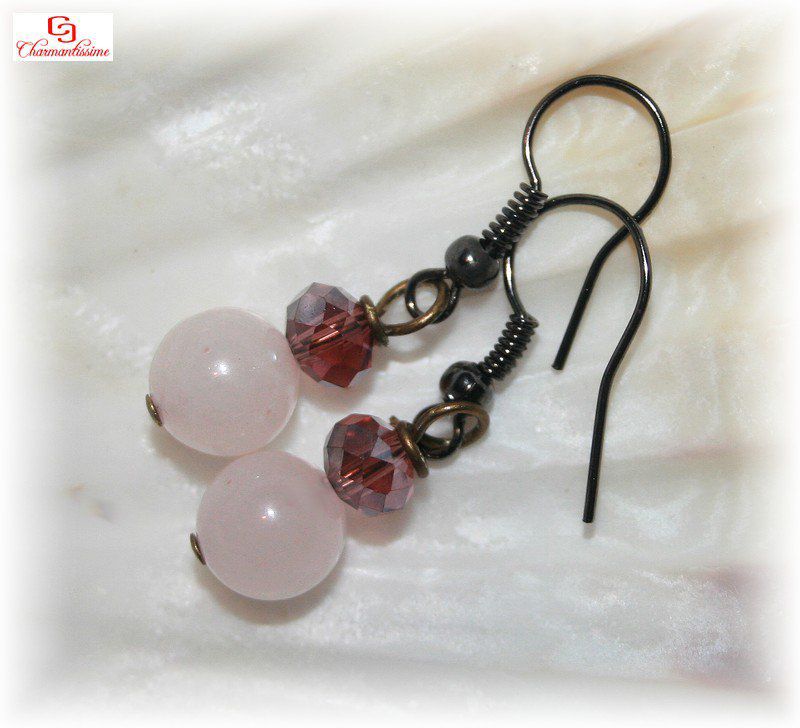 Boucles d'oreilles pas cher Quartz rose et perles cristal prune Amour