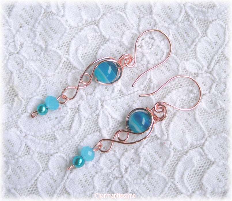 longues boucles d'oreilles rose gold et agate bleu turquoise