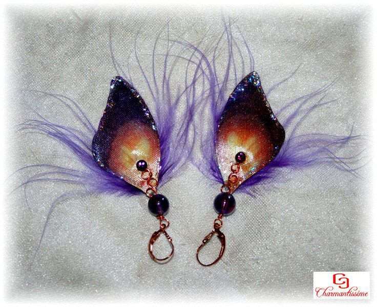 Boucles oreilles Dormeuses plaqué-or rose Ailes papillon Plumes violettes boho-chic Perles amethyste