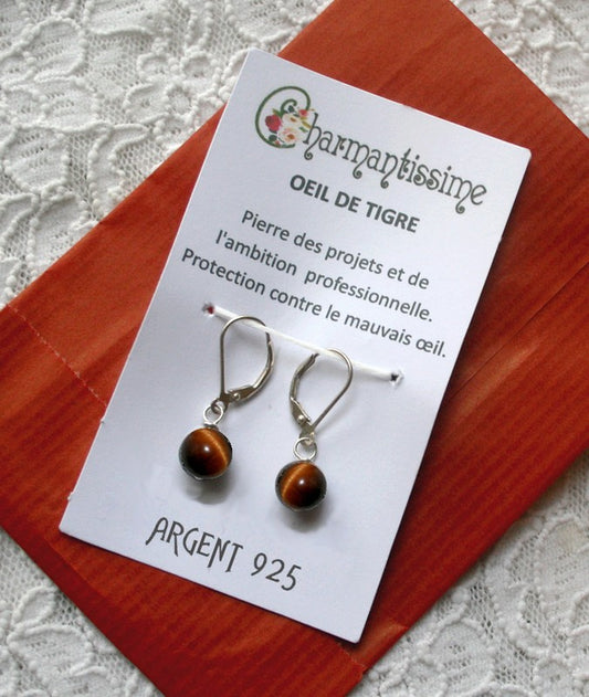 Cadeau petites boucles d'oreilles en argent 925 et perles oeil de tigre véritable, de la marque Charmantissime