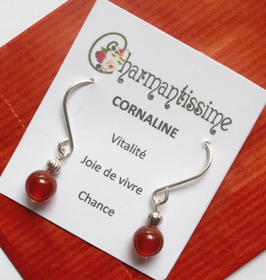 Boucles d'oreilles perle cornaline sur accroches en argent 925