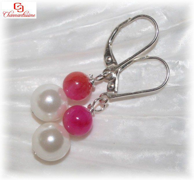 Boucles d'oreille mariée Jade rose et perle nacre ivoire Argent 925 pour mariage