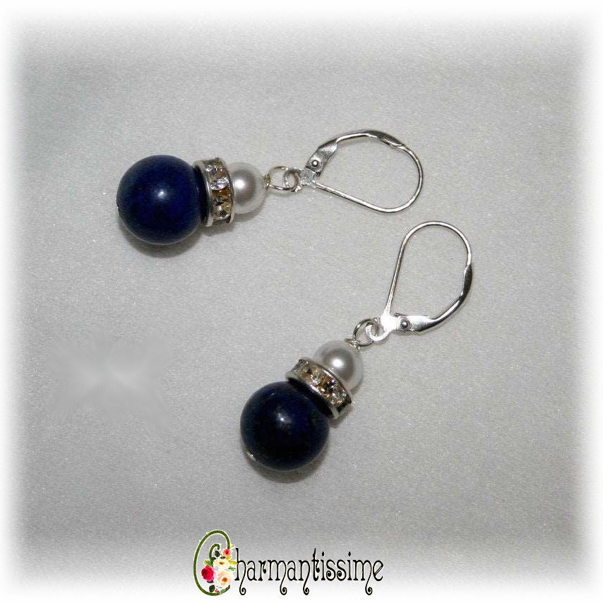 Boucles d'oreilles mariage perles cristal nacrées swarovski blanc et lapis lazuli sur argent 925