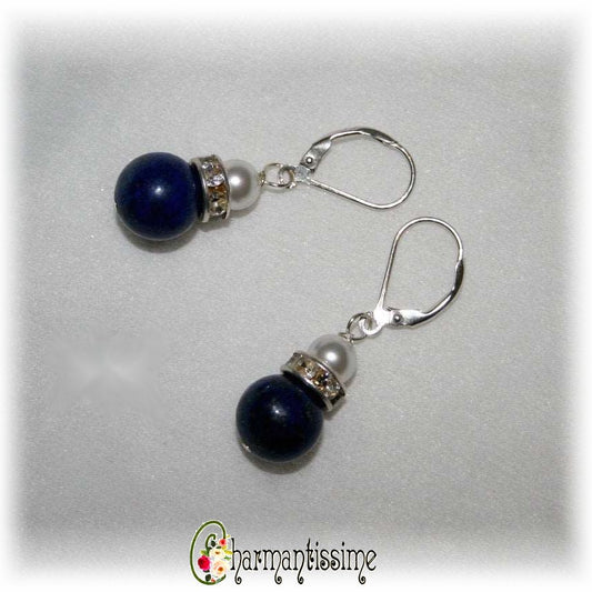 Boucles d'oreilles mariage perles cristal nacrées swarovski blanc et lapis lazuli sur argent 925
