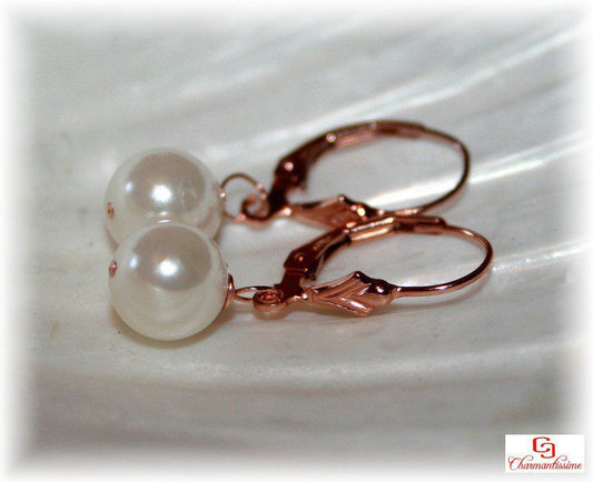 Boucles d'oreilles mariée rose gold filled Perle cristal nacré ivoire swarovski