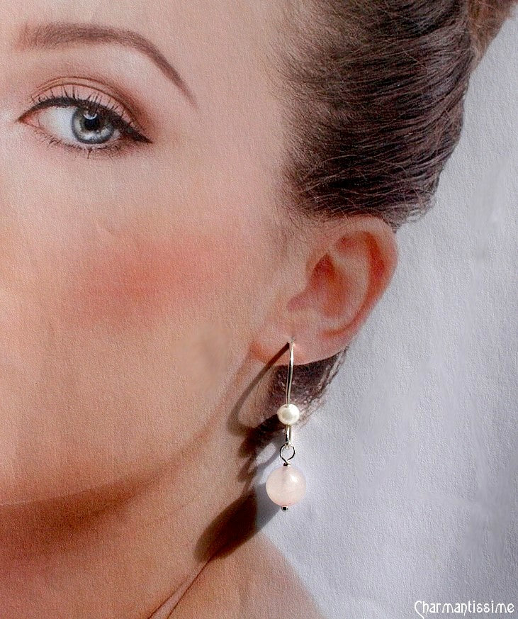 Boucles d'oreilles mariée rose et blanc en argent 925