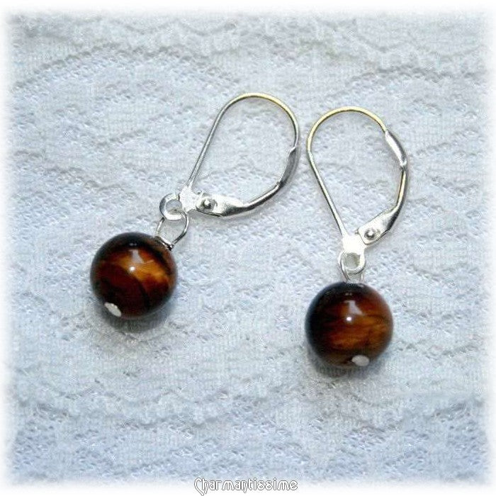 Boucles d'oreille oeil de tigre minimaliste et dormeuses argent 925