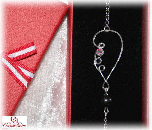 Bracelet aile d'ange + strass & perle hématite sur chaine gourmette argent massif 925