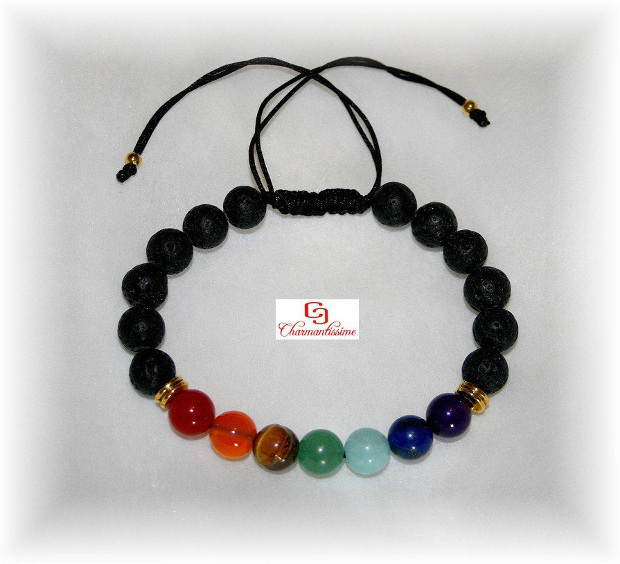 Bracelet 7 chakras pierres naturelles lave noire sur cordon noir - Protection Chance