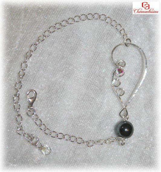 Bracelet aile d'ange + strass & perle hématite sur chaine fine argent massif 925