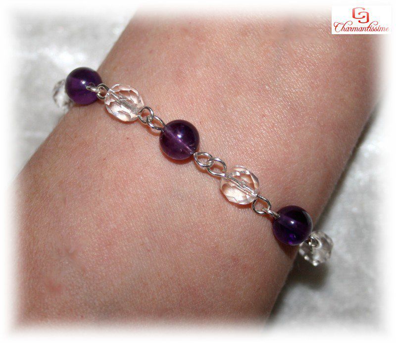 Bracelet pas cher Améthyste et cristal de bohême en plaqué-argent